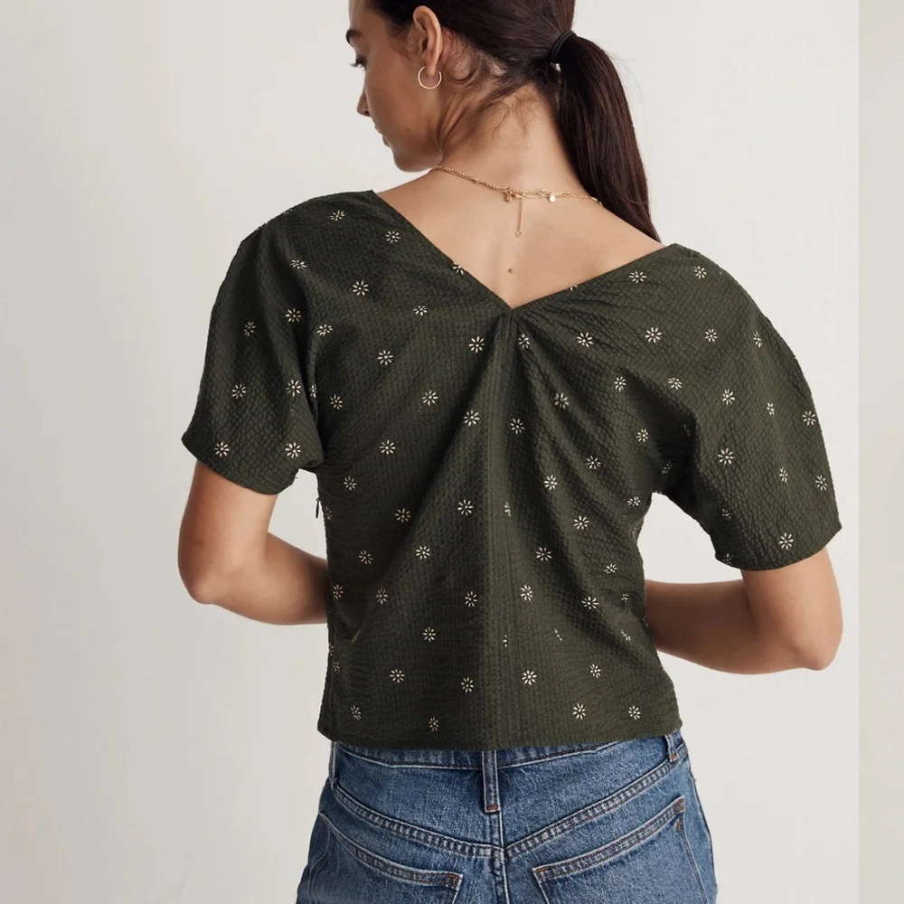 Madewell Forest Green Floral Voile Puff Sleeve Top Size 2